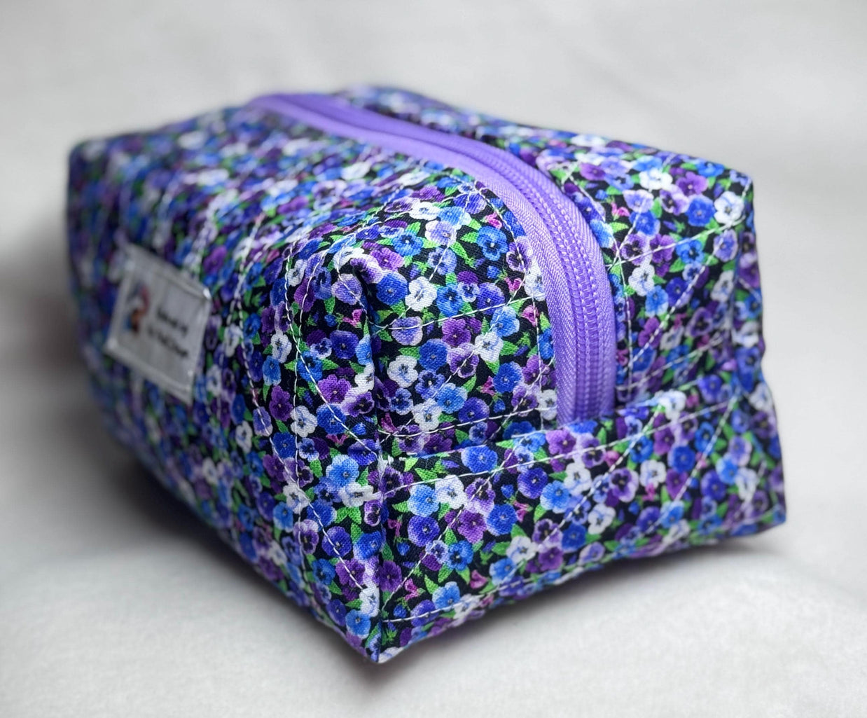 Quilted Purple Pansy Cosmetic Bag: Handmade Floral Makeup Travel Pouch