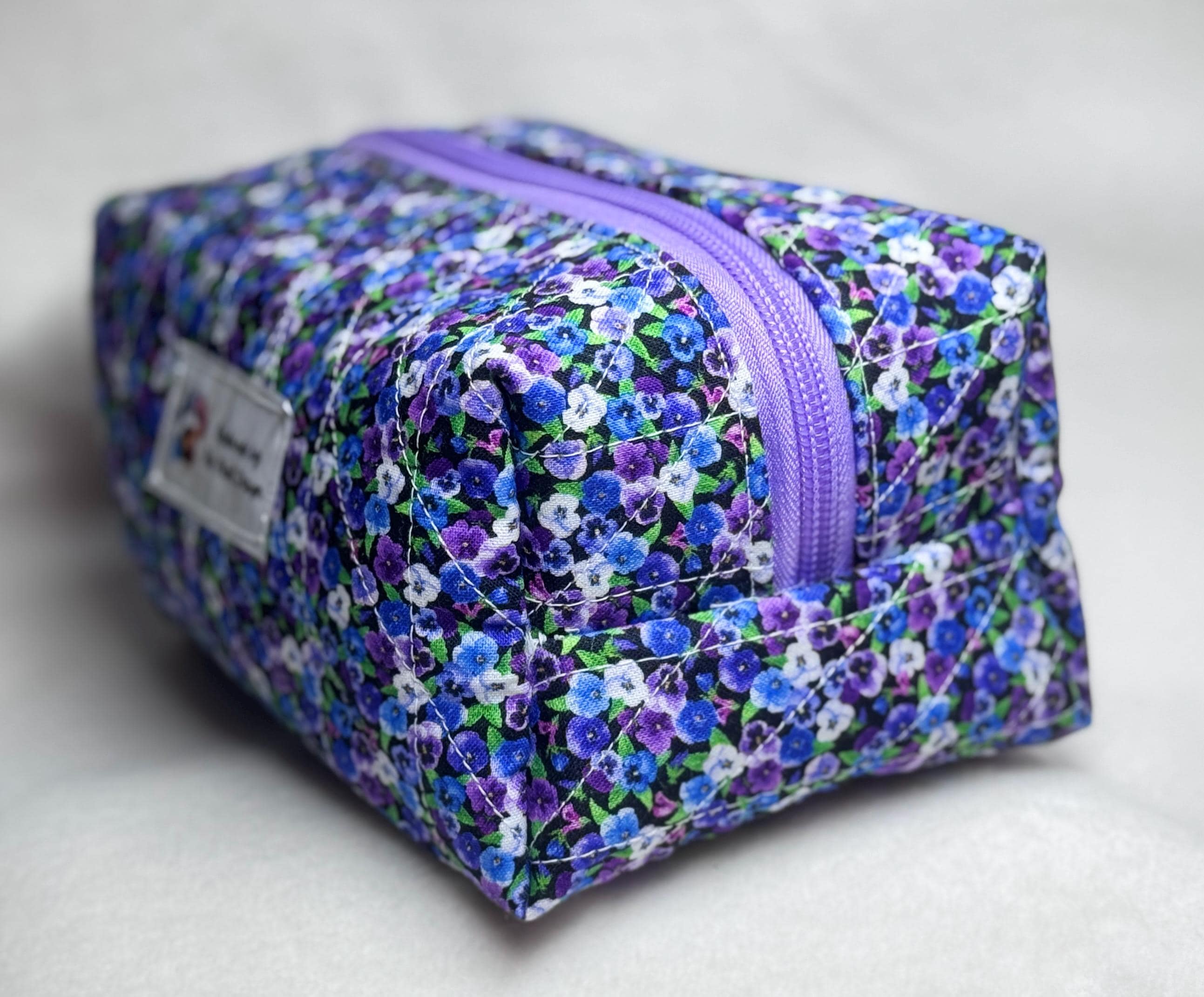 Quilted Purple Pansy Cosmetic Bag: Handmade Floral Makeup Travel Pouch