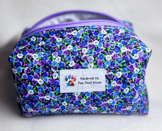 Quilted Purple Pansy Cosmetic Bag: Handmade Floral Makeup Travel Pouch
