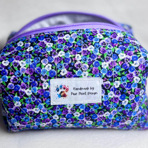 Quilted Purple Pansy Cosmetic Bag: Handmade Floral Makeup Travel Pouch